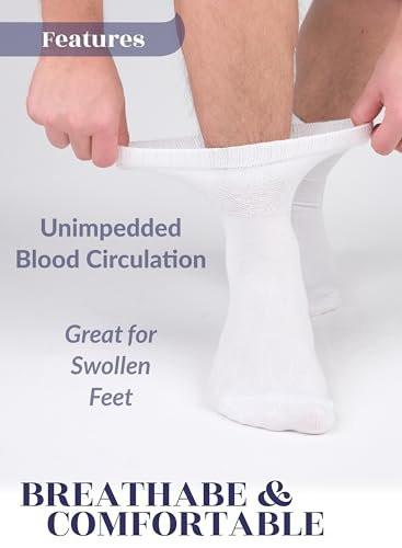Hugh Ugoli Diabetic Socks for Men, Loose Ankle Socks Rayon, Extra-Wide, Thin, Seamless Toe and Non-Binding Top, 4 Pairs, White, Shoe Size: 11-13