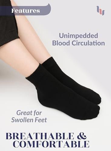 Hugh Ugoli Diabetic Socks for Women, Super Soft & Thin Ankle Socks, Wide & Loose, Non-Binding Top & Seamless Toe, 4 Pairs, Black, Shoe Size: 6-9