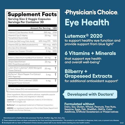 Physician's Choice Eye Health - Lutein, Zeaxanthin & Bilberry Extract - Supports Eye Strain, Dry Eyes, and Vision Health - 2 Award-Winning Clinically Proven Eye Vitamin Ingredients - Carotenoid Blend - görsel 11