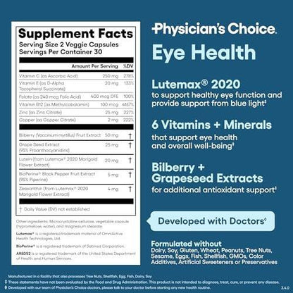 Physician's Choice Eye Health - Lutein, Zeaxanthin & Bilberry Extract - Supports Eye Strain, Dry Eyes, and Vision Health - 2 Award-Winning Clinically Proven Eye Vitamin Ingredients - Carotenoid Blend