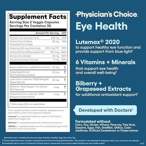 Physician's Choice Eye Health - Lutein, Zeaxanthin & Bilberry Extract - Supports Eye Strain, Dry Eyes, and Vision Health - 2 Award-Winning Clinically Proven Eye Vitamin Ingredients - Carotenoid Blend - görsel 3