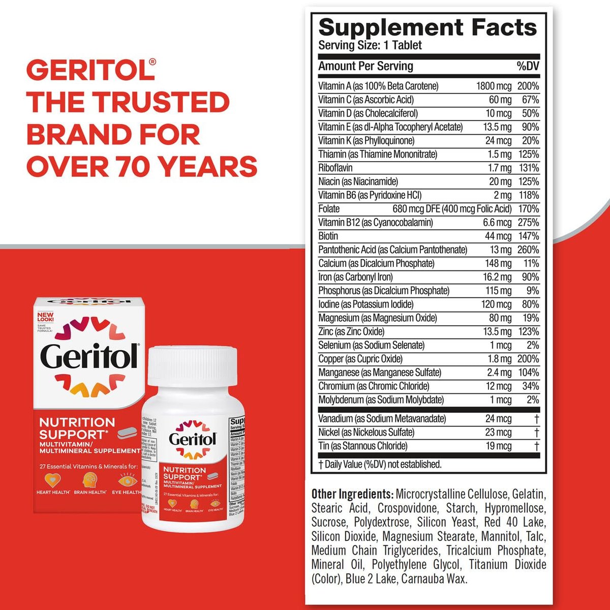 Geritol Multivitamin Supplement, Contains B-Vitamins, Antioxidants, Vitamins C, E & D and Iron, 27 Essential Vitamins and Minerals, Gluten-Free, Non-GMO, No Artificial Sweeteners, 100 Tablets, 2 Pack - görsel 11