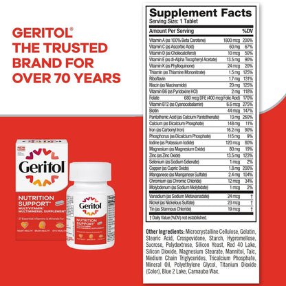 Geritol Multivitamin Supplement, Contains B-Vitamins, Antioxidants, Vitamins C, E & D and Iron, 27 Essential Vitamins and Minerals, Gluten-Free, Non-GMO, No Artificial Sweeteners, 100 Tablets, 2 Pack