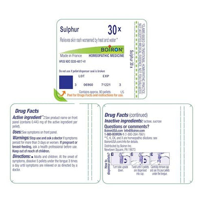 Boiron Sulphur 30X for Skin Rash Worsened by Heat & Water - 80 Pellets