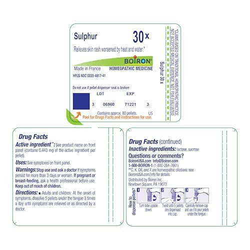 Boiron Sulphur 30X for Skin Rash Worsened by Heat & Water - 80 Pellets - görsel 1