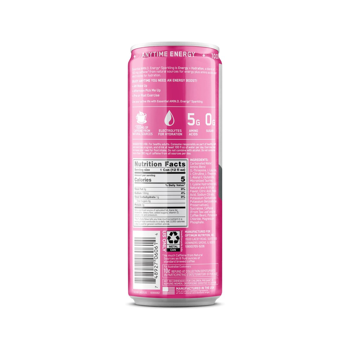 Optimum Nutrition Amino Energy Sparkling Hydration Drink, Electrolytes, Caffeine, Amino Acids, BCAAs, Sugar Free, Watermelon, 12 Fl Oz, 12 Pack (Packaging May Vary) - görsel 7