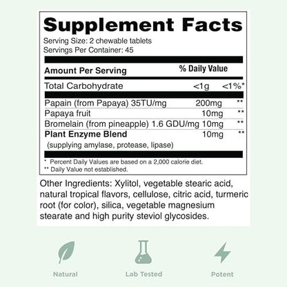 Yuve Naturals Chewable Papaya Enzymes - Sugar-Free Plant-Based Digestive Enzyme Complex for Gas, Bloating & Post-Meal Comfort - Vegan, Non-GMO, Gluten-Free - 90ct