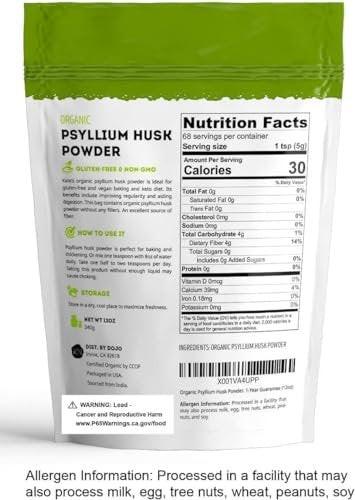 Kate Naturals Psyllium Husk Powder for Fiber, Digestion & Baking Bread. Mixes Easily with Juice & Smoothies (12oz, Organic, Gluten Free, Fine Ground)