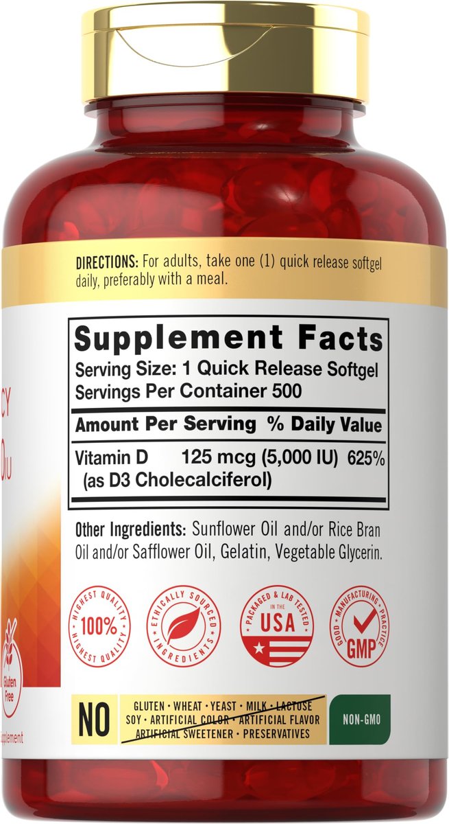 Carlyle Vitamin D3 5000 IU Softgels | 500 Count | Value Size | Non-GMO and Gluten Free Supplement | High Potency Formula | 125mcg - görsel 3