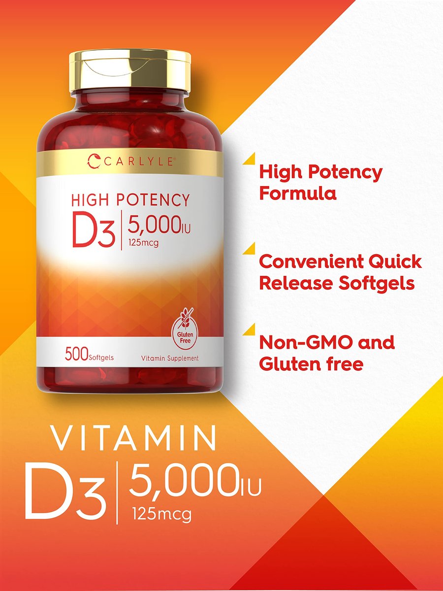 Carlyle Vitamin D3 5000 IU Softgels | 500 Count | Value Size | Non-GMO and Gluten Free Supplement | High Potency Formula | 125mcg - görsel 5