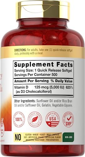 Carlyle Vitamin D3 5000 IU Softgels | 500 Count | Value Size | Non-GMO and Gluten Free Supplement | High Potency Formula | 125mcg