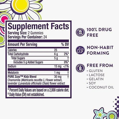 VICKS PURE Zzzs Kidz, Melatonin Sleep Aid Gummies for Kids and Children, Helps Your Child Fall Asleep Naturally, Low Dose Melatonin, 48 Gummies