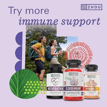 Zhou Elder-Mune Elderberry Gummies with Vitamin C and Zinc - Daily Immune Support Supplement for Women & Men, Chewable Natural Black Elderberry for Adults & Children 4 & Up - 60 Gummies