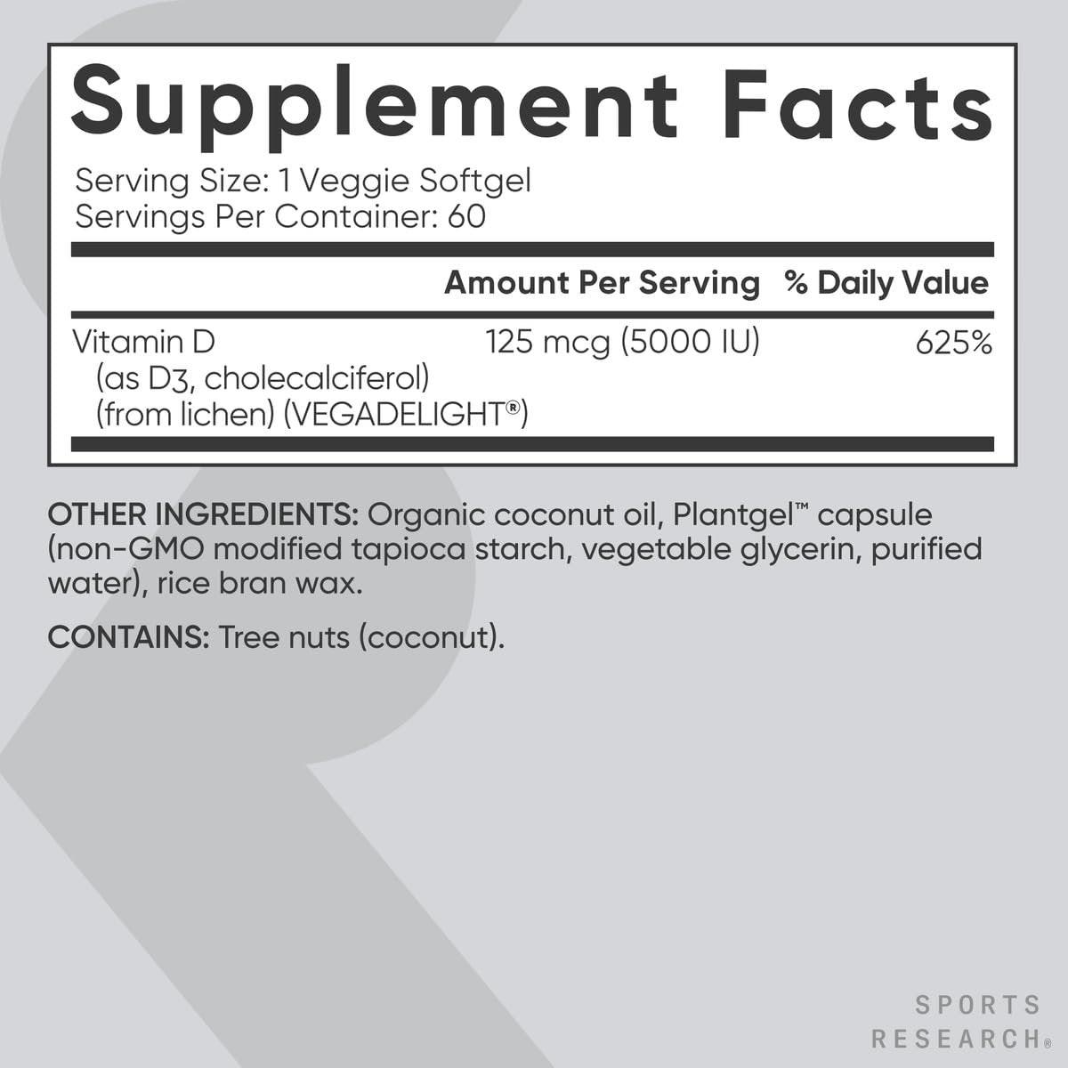 Sports Research Vegan Vitamin D3 5000IU (125 mcg) with Coconut Oil | 100% Plant-Based Vitamin D for Bone, Joint & Immune Support | Carrageenan Free, Vegan Certified & Non-GMO Verified (60 Softgels) - görsel 9