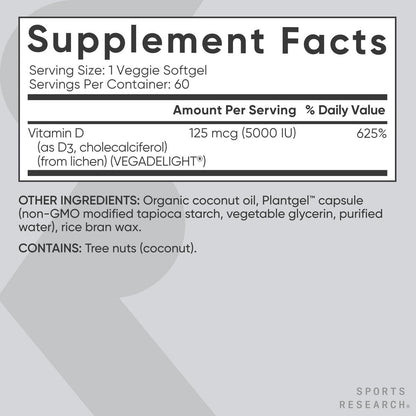Sports Research Vegan Vitamin D3 5000IU (125 mcg) with Coconut Oil | 100% Plant-Based Vitamin D for Bone, Joint & Immune Support | Carrageenan Free, Vegan Certified & Non-GMO Verified (60 Softgels)