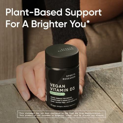 Sports Research Vegan Vitamin D3 5000IU (125 mcg) with Coconut Oil | 100% Plant-Based Vitamin D for Bone, Joint & Immune Support | Carrageenan Free, Vegan Certified & Non-GMO Verified (60 Softgels) - görsel 12