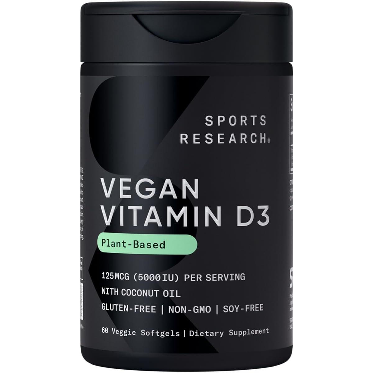 Sports Research Vegan Vitamin D3 5000IU (125 mcg) with Coconut Oil | 100% Plant-Based Vitamin D for Bone, Joint & Immune Support | Carrageenan Free, Vegan Certified & Non-GMO Verified (60 Softgels) - görsel 1
