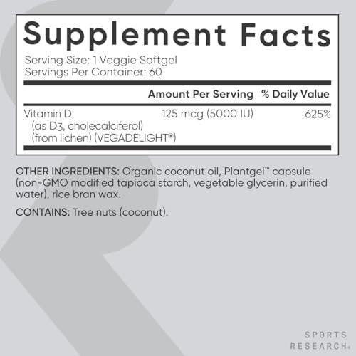 Sports Research Vegan Vitamin D3 5000IU (125 mcg) with Coconut Oil | 100% Plant-Based Vitamin D for Bone, Joint & Immune Support | Carrageenan Free, Vegan Certified & Non-GMO Verified (60 Softgels) - görsel 10