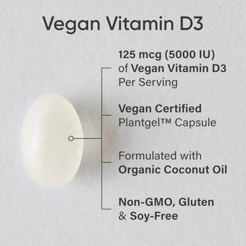 Sports Research Vegan Vitamin D3 5000IU (125 mcg) with Coconut Oil | 100% Plant-Based Vitamin D for Bone, Joint & Immune Support | Carrageenan Free, Vegan Certified & Non-GMO Verified (60 Softgels) - görsel 4