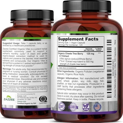 Zazzee USDA Organic Vitex 4:1 Extract, 120 Vegan Capsules, 4 Month Supply, Chaste Berry, Hormonal Balance & Cycle Support for Women, Certified Kosher, Vitex Agnus-Castus, Non-GMO, Made in the USA