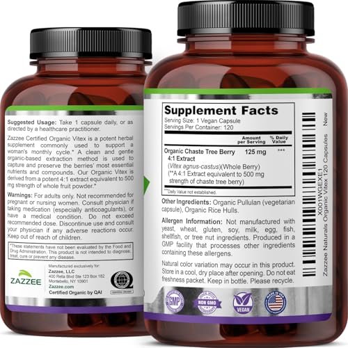 Zazzee USDA Organic Vitex 4:1 Extract, 120 Vegan Capsules, 4 Month Supply, Chaste Berry, Hormonal Balance & Cycle Support for Women, Certified Kosher, Vitex Agnus-Castus, Non-GMO, Made in the USA - görsel 4
