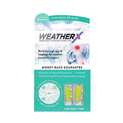 WeatherX Pressure Filtering Earplug for Shifts in Barometric Weather Pressure, Download Free Alert app (Small 1 Pk)