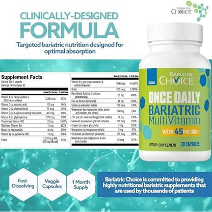 Bariatric Choice Once-Daily Bariatric Multivitamin with 45 mg of Iron | Easy to Swallow Capsule | Vitamin for Bariatric Surgery Patients | 30 Count (1-Month Supply)