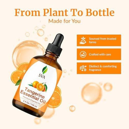 SVA Tangerine Essential Oil – 4 Fl Oz – 100% Natural Tangerine Oil - for Diffuser, Hair Care, Face, Skin Care, Aromatherapy, Scalp and Body Massage, Soap and Candle Making – with Dropper