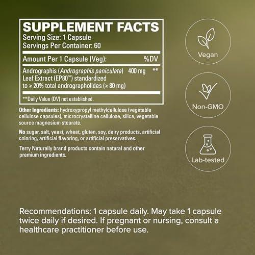 Terry Naturally Andrographis EP80 Extra Strength - Brain Health & Immune Support - Joint Health Supplement to Aid Mobility - Vegan Adaptogen Supplement for Energy & Liver Support - 60 Capsules - görsel 3