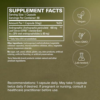 Terry Naturally Andrographis EP80 Extra Strength - Brain Health & Immune Support - Joint Health Supplement to Aid Mobility - Vegan Adaptogen Supplement for Energy & Liver Support - 60 Capsules