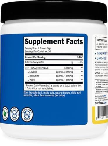 Nutricost BCAA Powder (Pineapple, 30 Servings) - Optimal 2:1:1 Ratio