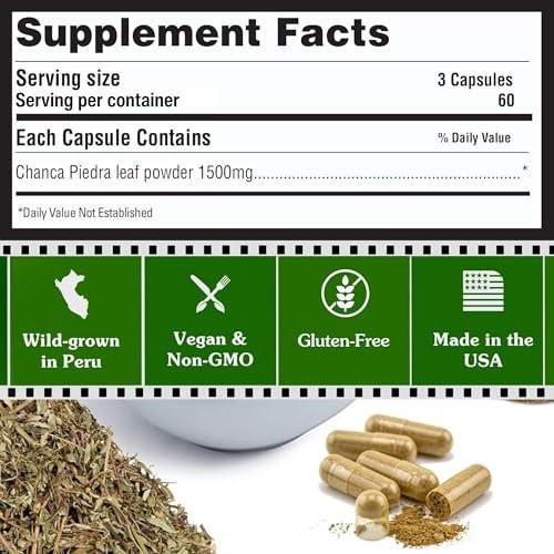 Peruvian Naturals Chanca Piedra Stone Breaker 180 Capsules - Kidney Stone Dissolver & Gallbladder - 1500mg per Serving - Chancapiedra Stonebreaker for Bladder Cleanse & Urinary Tract - Vegan, Non GMO - görsel 7