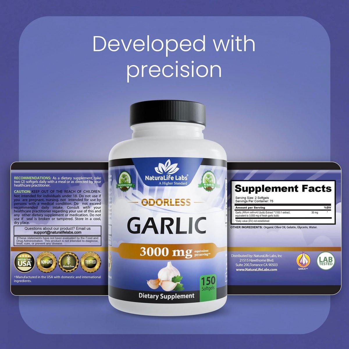 NaturaLife Labs Odorless Garlic – Concentrated 100:1 Garlic Extract with Olive Oil – 150 Softgels – Non-GMO, Gluten-Free - görsel 8