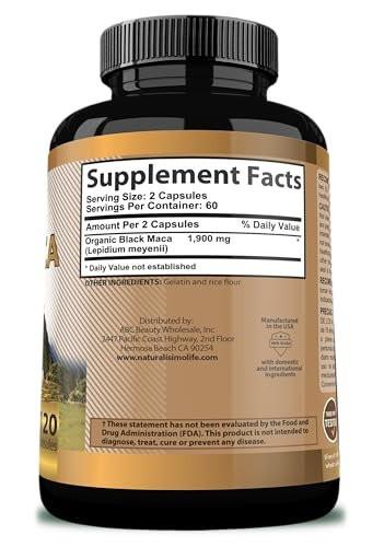 Organic Black Maca 1,900 mg per Serving Natural Energy Booster Peruvian Maca for Men & Women 120 Capsules