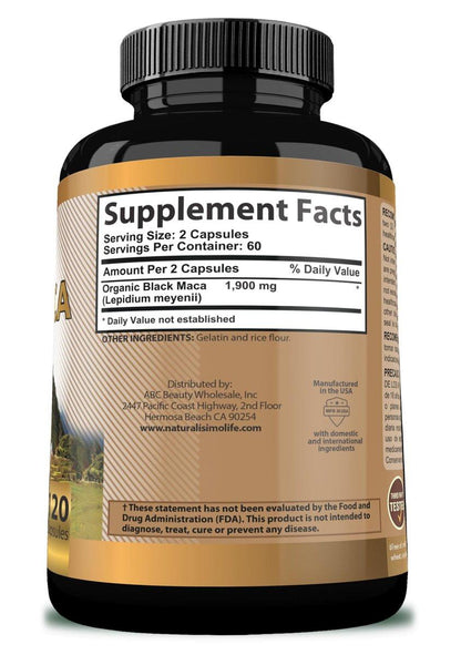 Organic Black Maca 1,900 mg per Serving Natural Energy Booster Peruvian Maca for Men & Women 120 Capsules