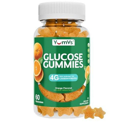 YUM-V'S Glucose Gummies – Fast Acting Glucose Chewable Gummies – Great Tasting – Gluten Free, Vegan, Non-GMO – Orange Natural Flavor – 60 Chewable Gummy for Adults & Kids