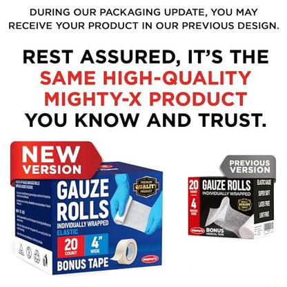 Premium Gauze Rolls - (20 Pack) - 4" x 4.1yd First Aid Rolled Gauze - Individually Wrapped + Bonus Tape - Breathable Conforming Gauze Wrap Roll for Wounds