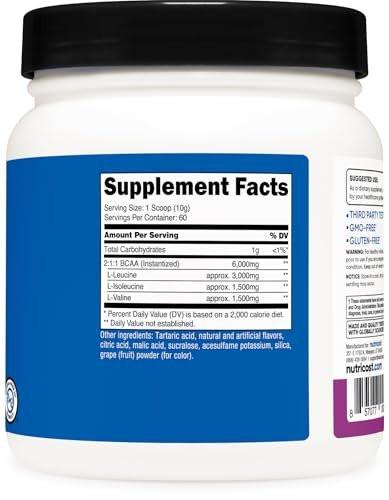 Nutricost BCAA Powder (Grape, 60 Servings) - Optimal 2:1:1 Ratio, Vegetarian Friendly, Non-GMO, Gluten Free