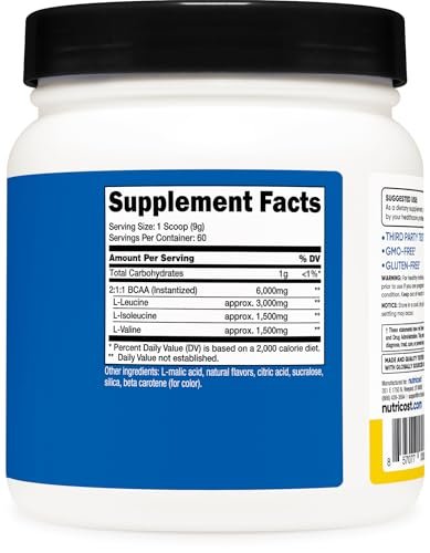 Nutricost BCAA Powder (Pineapple, 60 – Optimal 2:1:1 Ratio: The precise ratio of leucine, isoleucine, and valine – Image 1