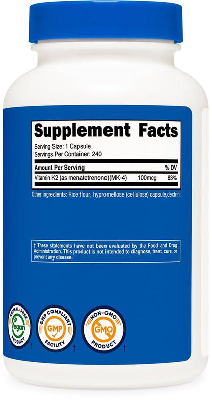 Nutricost Vitamin K2 (MK4) 100mcg, 240 Capsules - Non-GMO, Gluten Free Supplement