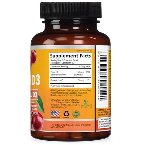 Vitamin D 2000 IU 50mcg Per Tablet - Vitamins D3 & K2 (MK7) Complex Supplement for Bone, Teeth, Muscle, Calcium Absorption, Supports Immune & Heart Health, Chewable Formula USA Bottled - 120 Tablets - görsel 12