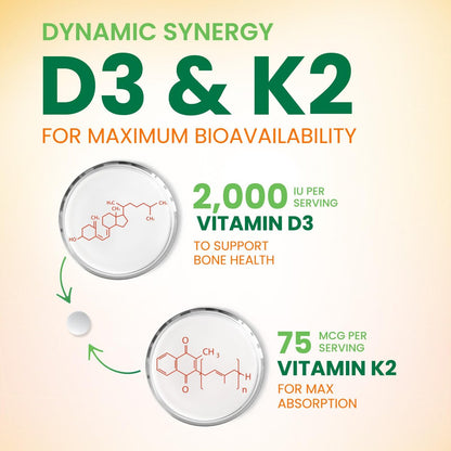 Vitamin D 2000 IU 50mcg Per Tablet - Vitamins D3 & K2 (MK7) Complex Supplement for Bone, Teeth, Muscle, Calcium Absorption, Supports Immune & Heart Health, Chewable Formula USA Bottled - 60 Tablets