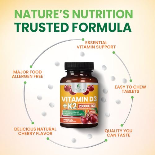 Vitamin D 2000 IU 50mcg Per Tablet - Vitamins D3 & K2 (MK7) Complex Supplement for Bone, Teeth, Muscle, Calcium Absorption, Supports Immune & Heart Health, Chewable Formula USA Bottled - 60 Tablets - görsel 17
