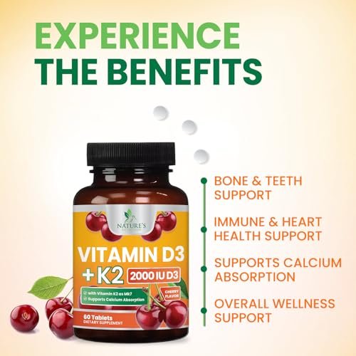 Vitamin D 2000 IU 50mcg Per Tablet - Vitamins D3 & K2 (MK7) Complex Supplement for Bone, Teeth, Muscle, Calcium Absorption, Supports Immune & Heart Health, Chewable Formula USA Bottled - 60 Tablets - görsel 10