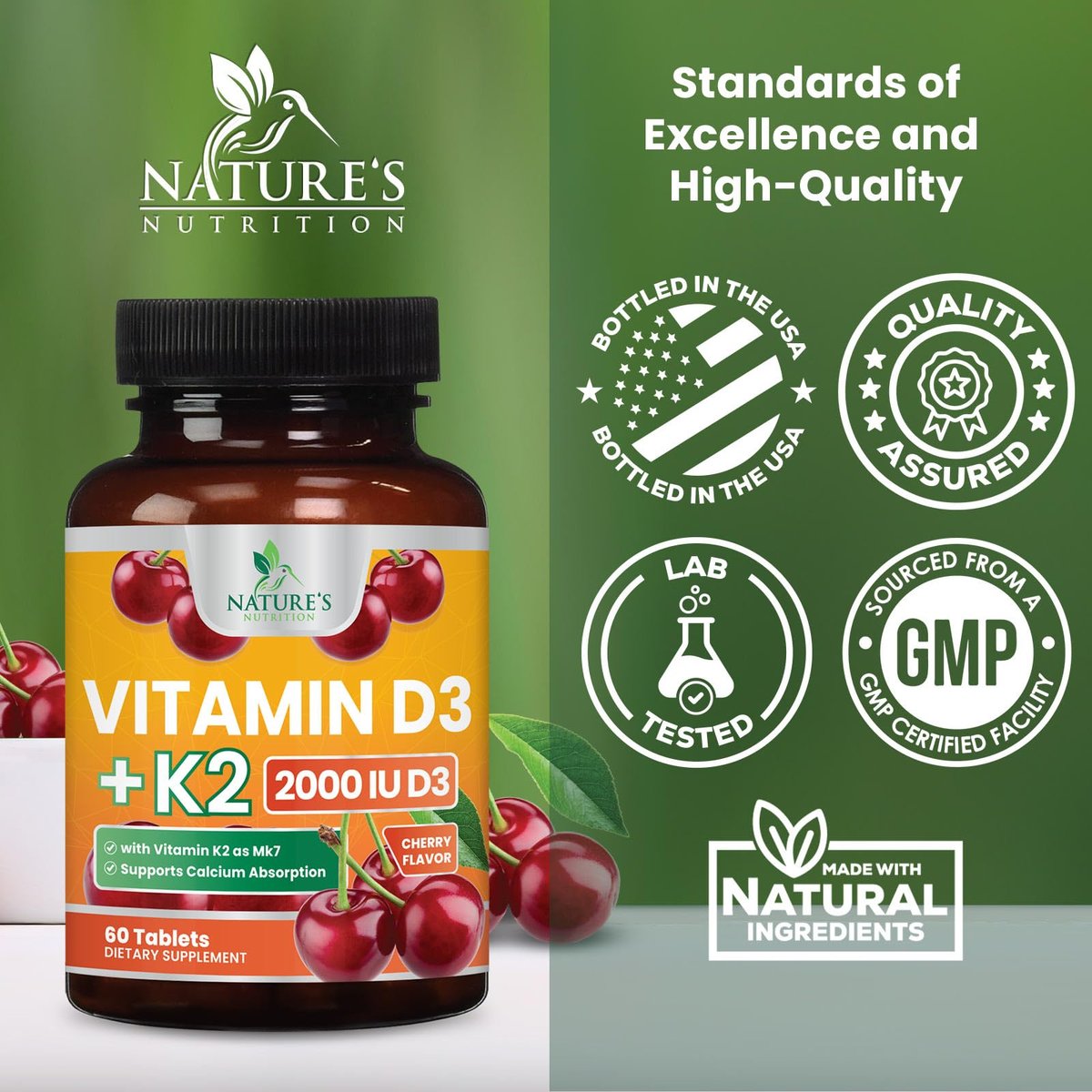 Vitamin D 2000 IU 50mcg Per Tablet - Vitamins D3 & K2 (MK7) Complex Supplement for Bone, Teeth, Muscle, Calcium Absorption, Supports Immune & Heart Health, Chewable Formula USA Bottled - 60 Tablets - görsel 7
