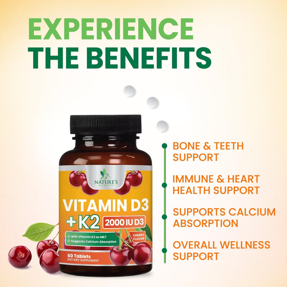Vitamin D 2000 IU 50mcg Per Tablet - Vitamins D3 & K2 (MK7) Complex Supplement for Bone, Teeth, Muscle, Calcium Absorption, Supports Immune & Heart Health, Chewable Formula USA Bottled - 60 Tablets - görsel 9