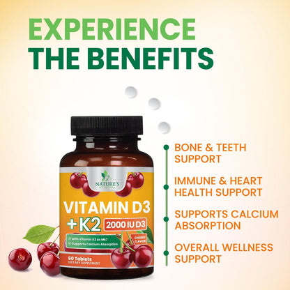 Vitamin D 2000 IU 50mcg Per Tablet - Vitamins D3 & K2 (MK7) Complex Supplement for Bone, Teeth, Muscle, Calcium Absorption, Supports Immune & Heart Health, Chewable Formula USA Bottled - 60 Tablets