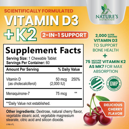 Vitamin D 2000 IU 50mcg Per Tablet - Vitamins D3 & K2 (MK7) Complex Supplement for Bone, Teeth, Muscle, Calcium Absorption, Supports Immune & Heart Health, Chewable Formula USA Bottled - 60 Tablets