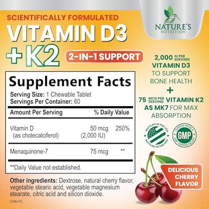 Vitamin D 2000 IU 50mcg Per Tablet - Vitamins D3 & K2 (MK7) Complex Supplement for Bone, Teeth, Muscle, Calcium Absorption, Supports Immune & Heart Health, Chewable Formula USA Bottled - 60 Tablets