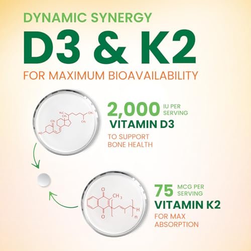 Vitamin D 2000 IU 50mcg Per Tablet - Vitamins D3 & K2 (MK7) Complex Supplement for Bone, Teeth, Muscle, Calcium Absorption, Supports Immune & Heart Health, Chewable Formula USA Bottled - 60 Tablets - görsel 6